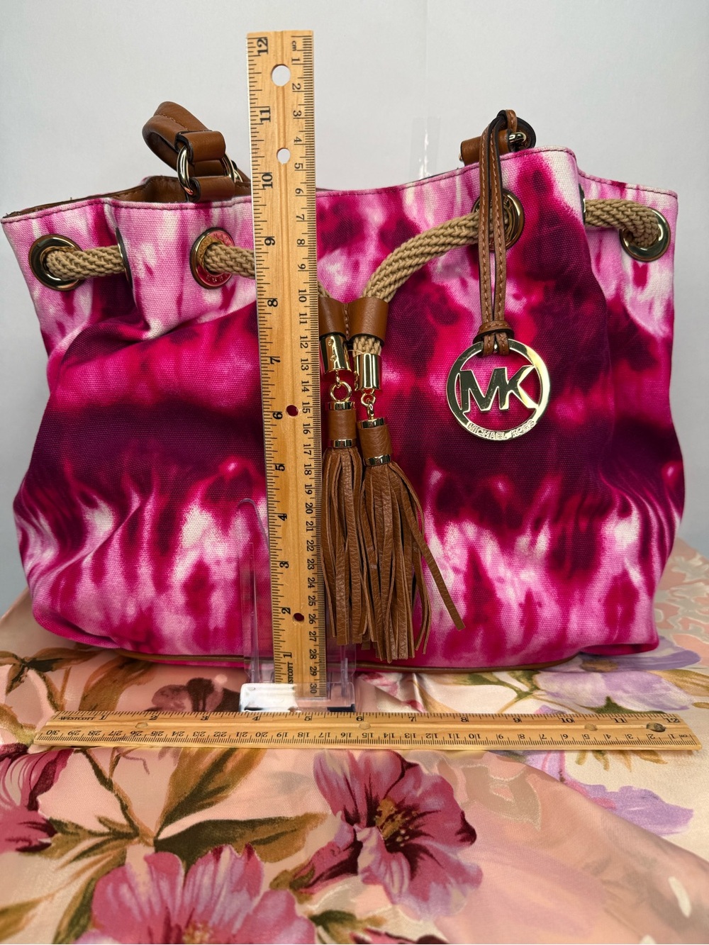 Michael Kors Hot Pink Tie-Dye Tote with Tan Leather Accents - Picture 6 of 8
